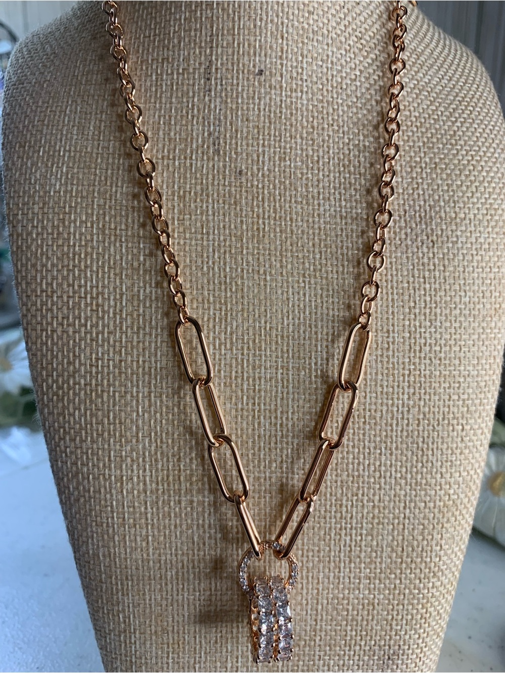 Rose Gold Paperclip Chain Necklace with Crystal Loop Pendant
